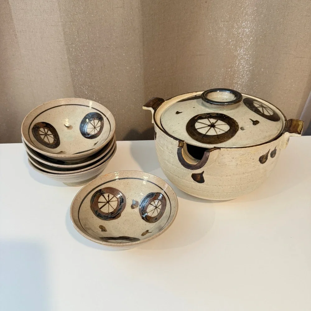 Japanese Otagiri Pottery Lidded Soup Tureen and 5 Bowl Set Speckled Stoneware